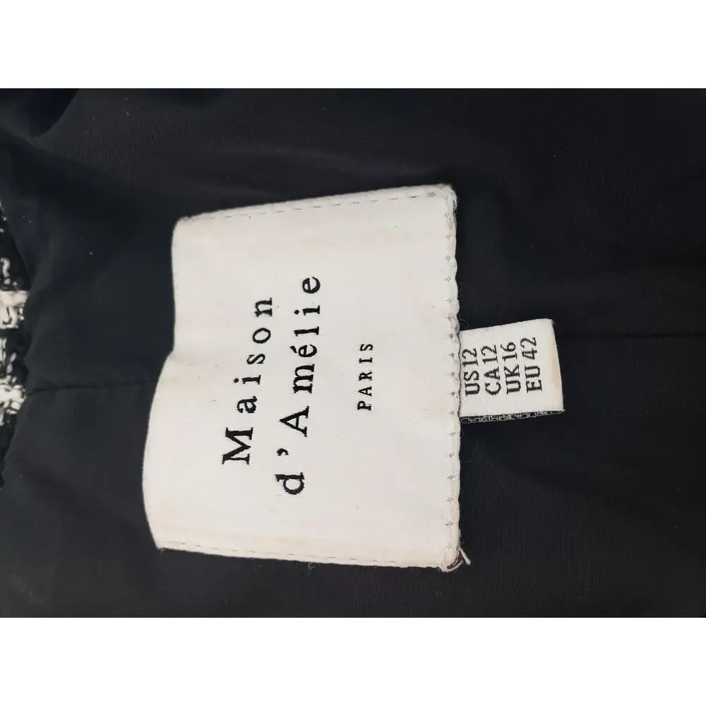 Vintage Blazer Suit Jacket Womens 12 Black White Houndstooth Cropped Tweed Paris - Picture 12 of 16